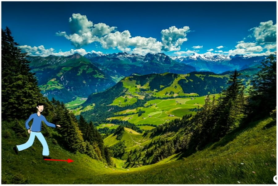 A hiker walking downhill in the Alps